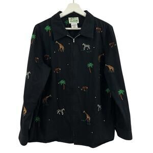Quacker Factory Women’s Black Embroidery Jungle Animal Print Jacket Size M
